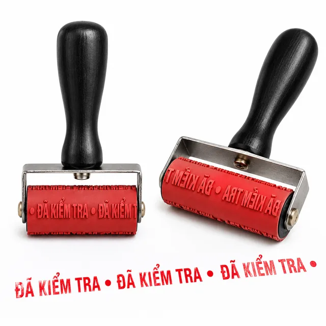 Hai dấu con lăn cán đen với bản in Đã kiểm tra