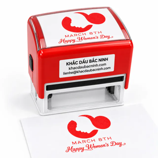Dấu logo ngày Quốc tế Phụ nữ màu đỏ với tem Khắc Dấu Bắc Ninh
