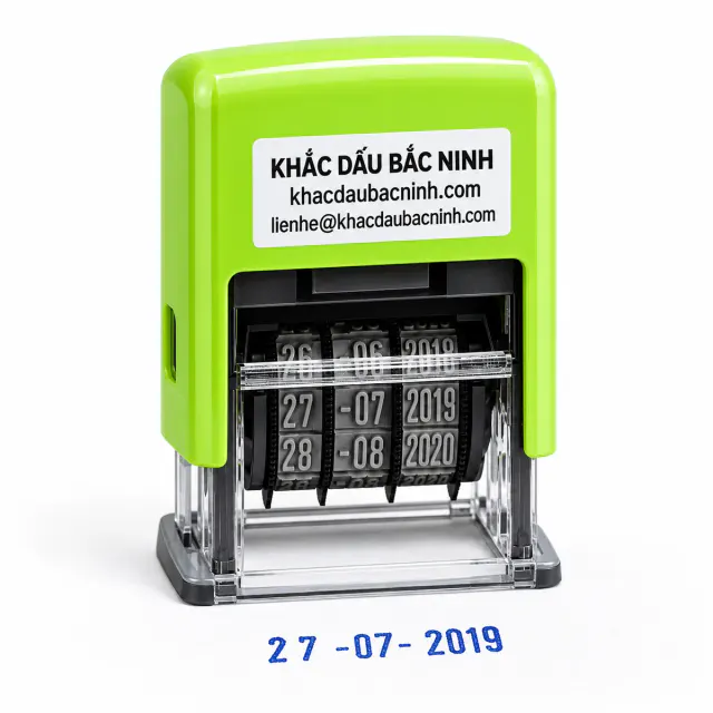 Dấu ngày tháng năm màu xanh với tem Khắc Dấu Bắc Ninh