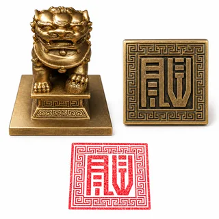 Dấu triện đồng tượng sư tử và bản đóng hoa văn đỏ