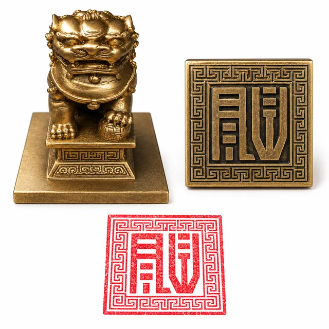 Dấu triện đồng tượng sư tử và bản đóng hoa văn đỏ